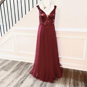 Elegant Burgundy Sequin Tulle Ever Pretty Gorgeous Formal Evening Gown Sz-3XL